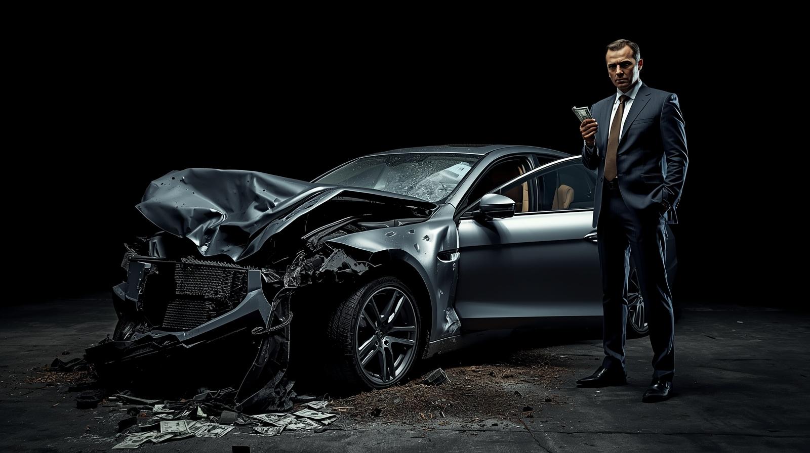 سيارة رمادية مصدومة مع رجل أعمال يحمل المال